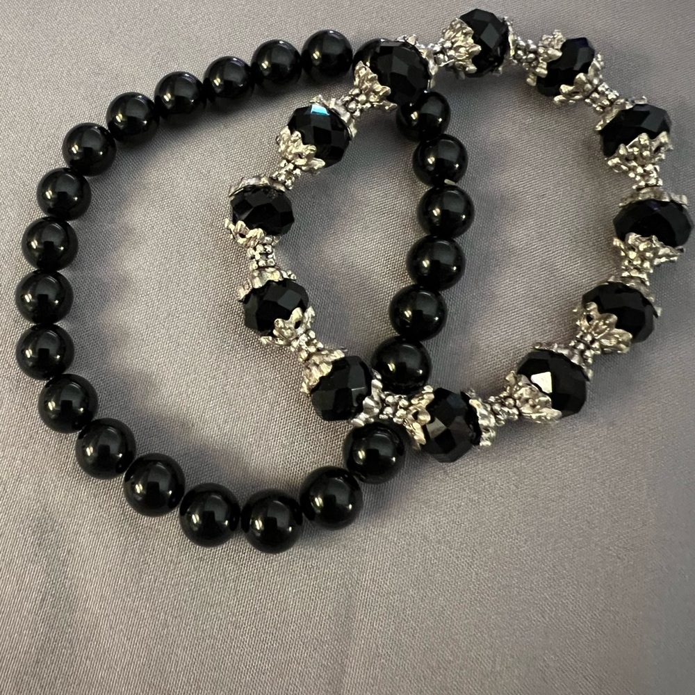 Elegant Black and Silver Beaded Bracelet Set